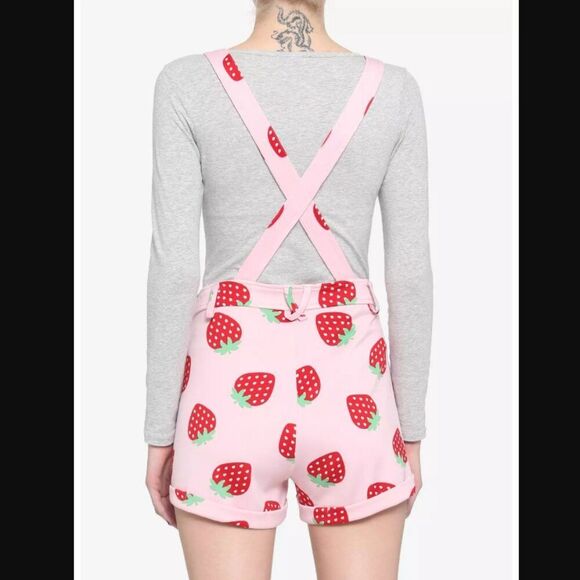 Hot Topic Pink Red Green Novelty Strawberry Print Overalls Shortalls Size M - Picture 14 of 14